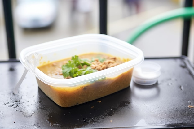 Foto sopa de lentilha em recipiente para viagem com pão