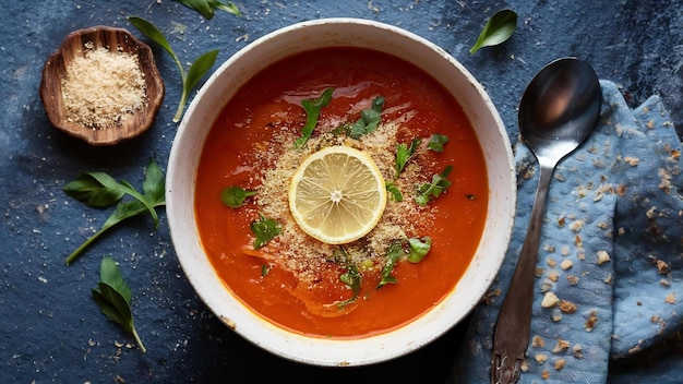 Sopa de lentilha vermelha com uma fatia de limão e migalhas de pão