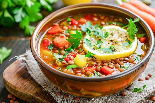 Sopa de lentilhas adornada com uma fatia de limão e ervas frescas geradas por IA