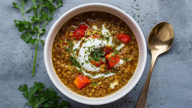 Sopa de lentilhas com ingredientes mistos e ervas em uma tigela branca