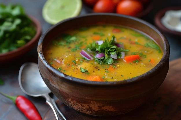 Sopa de Lima mit Koriander und Limettkuchen und Gemüse in einer rustikalen Schüssel