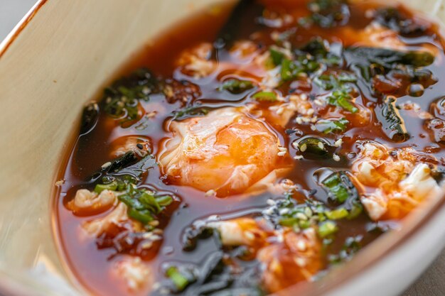 Sopa de macarrão asiática em uma tigela sobre fundo cinza