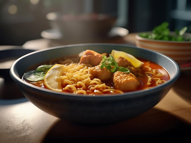 Sopa de macarrão com curry com frango ou carne de vaca Close Up Ai Generative