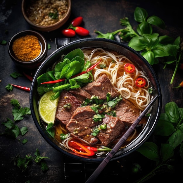 Sopa de macarrão de carne vietnamita com ervas e especiarias em fundo escuro