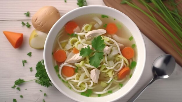 Foto sopa de macarrão de frango com salsa e legumes