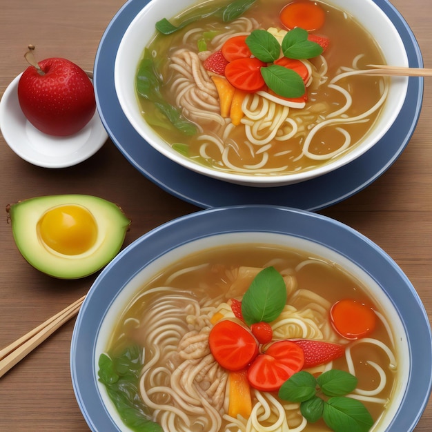 Sopa de macarrão Ramen em uma mesa com diferentes tipos de frutas