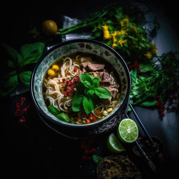Sopa de macarrão vietnamita com carne de porco e legumes em fundo escuro