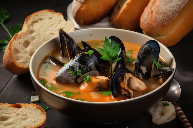 Sopa de marisco com mexilhões e amêijoas em caldo servida com pão estaladiço