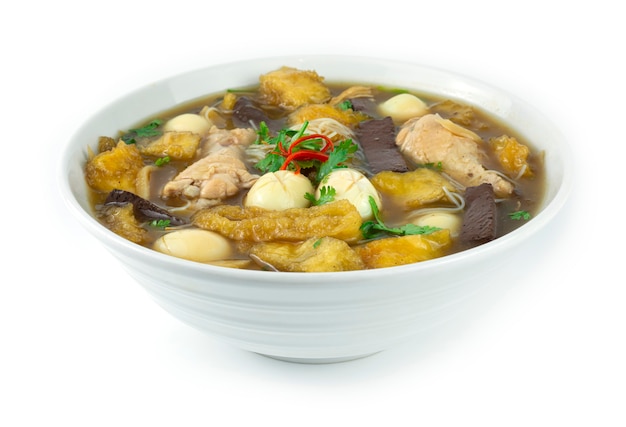 Sopa de maw de peixe com frango, ovo e broto de bambu na tigela branca (Kra-Pho-Pla) vista lateral do estilo comida chinesa