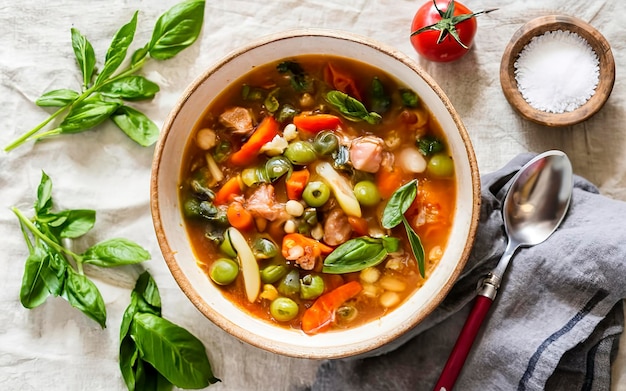 Sopa de minestrone italiana com legumes e feijões em uma mesa com uma toalha de mesa de linho