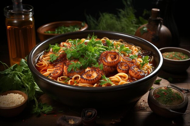 Sopa de miso Tako Sopa tradicional japonesa com polvo Fotografia profissional de comida