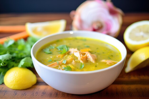 Sopa de mulligatawny com uma cunha de limão no lado da tigela