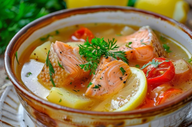 Foto sopa de peixe bouillabaisse cullen skink ukha ou solyanka com salmão truta ou tuna fillet caldo de peixe