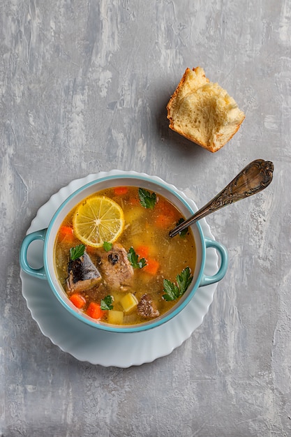 Sopa de peixe com batatas e cenouras, sobre um fundo de concreto com uma fatia de limão e pão