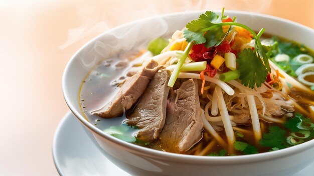 Sopa de pho bo com carne de vaca em uma tigela branca em fundo claro cozinha vietnamita