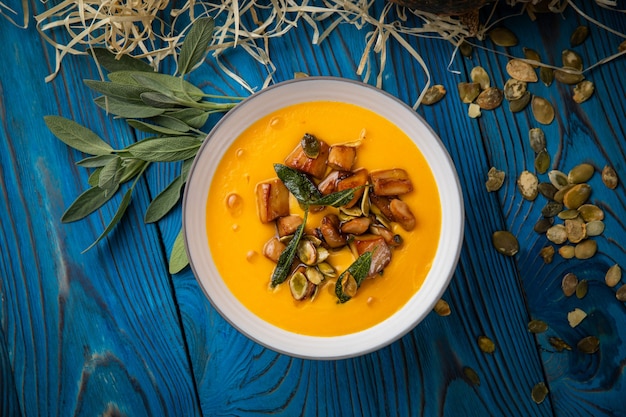 Sopa de purê de abóbora com cogumelos porcini