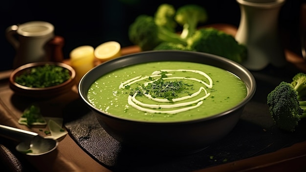 Foto sopa de puré de brócolis substâncias benéficas em cada colher ilustração de alta qualidade