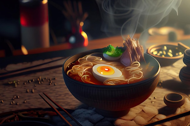 Sopa de ramen asiática com cogumelos de macarrão de carne e ilustração de ovo em conserva