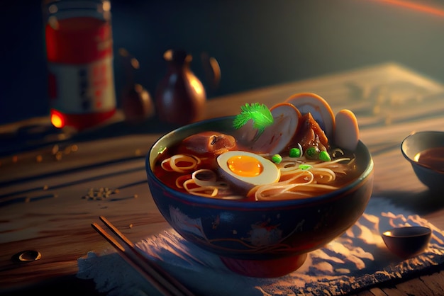 Foto sopa de ramen asiática com cogumelos de macarrão de carne e ilustração de ovo em conserva