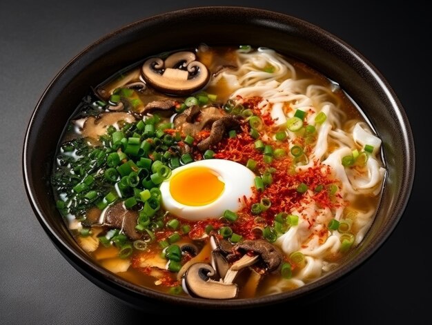 Sopa de ramen com cogumelos e ovos isolados em um fundo preto