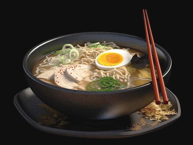 Sopa de ramen com macarrão alho-poró nori ovo macio e frango chashu em um fundo escuro Pauzinhos seguram macarrão