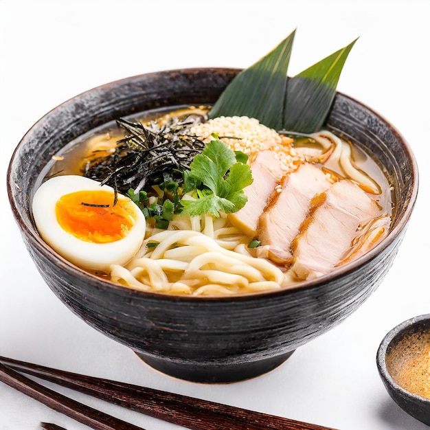 Sopa de ramen com macarrão frango ovo macio espinafre e pimentão em fundo branco