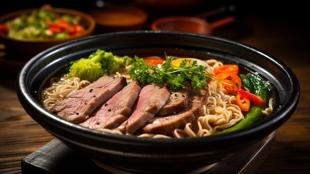 sopa de ramen de carne de porco recém-cozida em um arco de vegetais gourmet