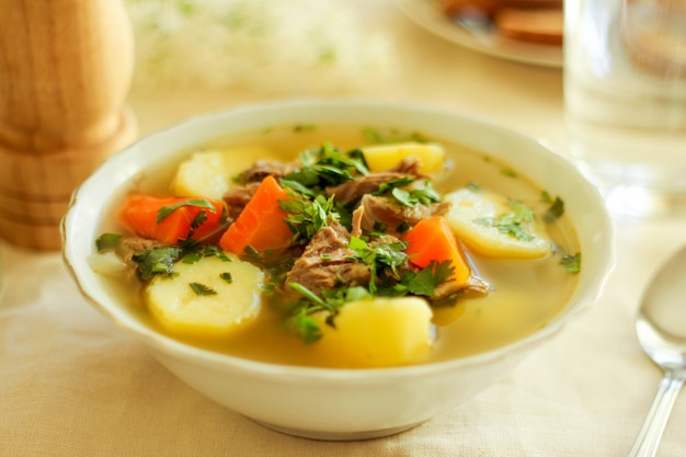 Sopa de Shurpa, Sopa de cordeiro, cozinha oriental, close-up