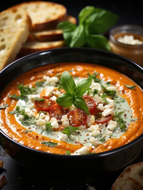 Sopa de tomate assado em tigelas