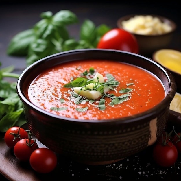 Sopa de tomate com manjericão e parmesão em tigela de barro em fundo escuro