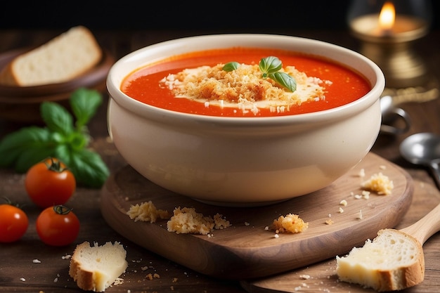 Sopa de tomate com queijo e migalhas de pão