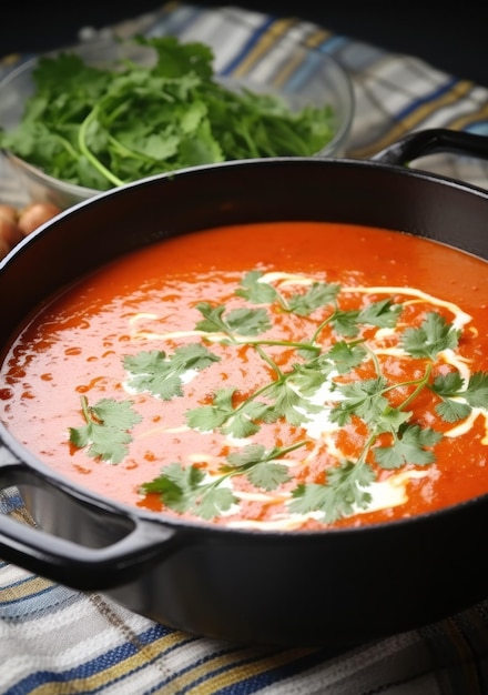 sopa de tomate em uma panela foto de estoque luz índigo e branco