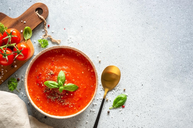 Sopa de tomate Sopa de legumes tradicional com ingredientes Vista superior na mesa de pedra clara