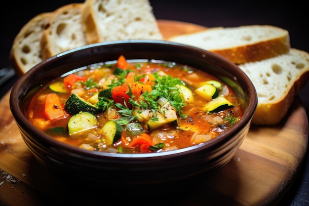 Sopa de vegetais caseira em uma tigela com pão