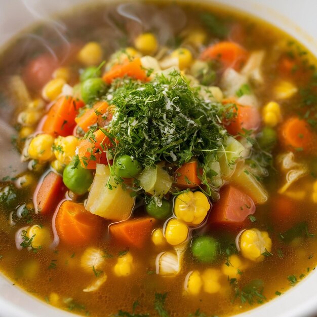 Sopa de vegetais coberta com ervas picadas