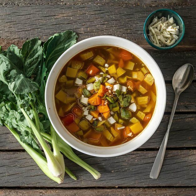 Sopa de vegetais frescos feita em casa com vegetais em uma mesa rústica de madeira