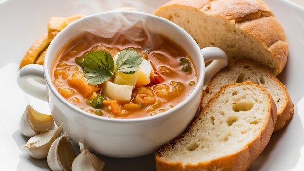 Foto sopa de vegetais laranja com pães e alho em pão de sopa de refeição marrom