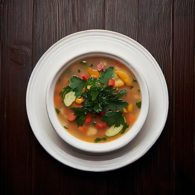 Sopa de vista superior com legumes e salsa em um prato branco sobre um fundo escuro de madeira