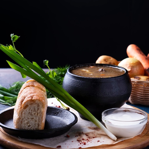 Sopa em uma panela Sopa saborosa com carne cogumelos e legumes Copiar espaço