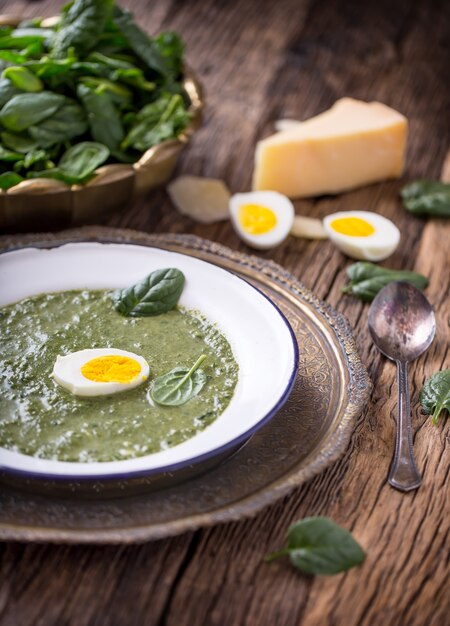 Sopa de espinacas. Porción de sopa de espinacas con huevo y queso parmesano en estilo retro.