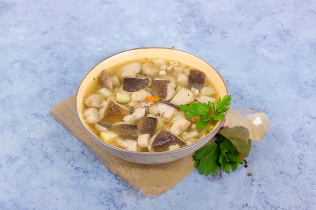 Sopa farta de cogumelos porcini da floresta servida em madeira rústica