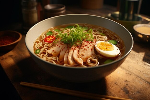 Sopa de fideos asiática ramen con pollo