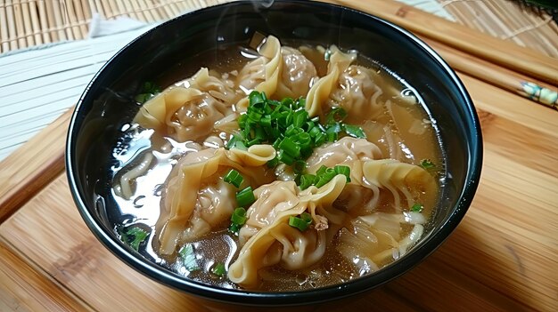 Foto sopa de fideos de cerdo wonton wontons suculentos de cerdo y fideos de huevo en un caldo caliente y fragante