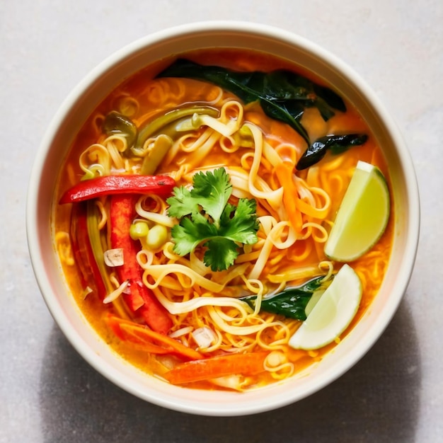 Foto sopa de fideos con curry de coco