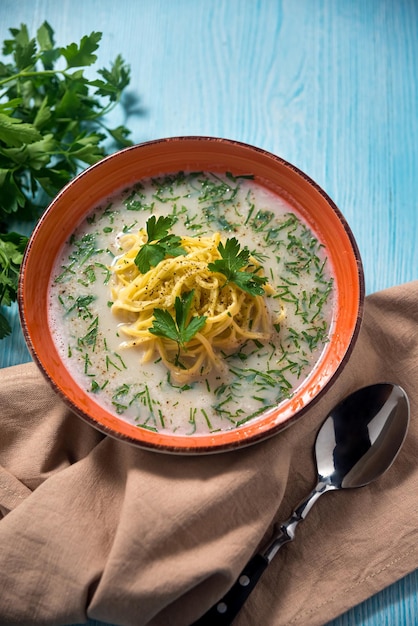 Sopa con fideos de huevo y hierbas frescas en un tazón de sopa de naranja, sazonada con eneldo. Caldo lechoso.