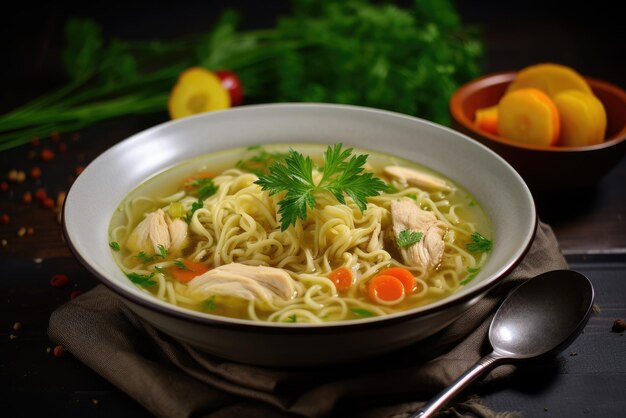 Sopa de fideos de pollo casera con verduras y especias en un cuenco Concepto de comida saludable