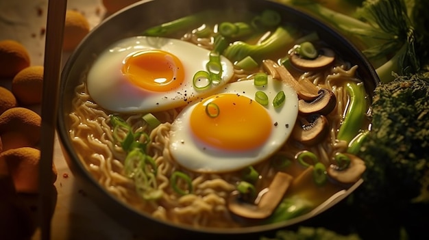 sopa de fideos ramen con huevos y champiñones foto de primer plano