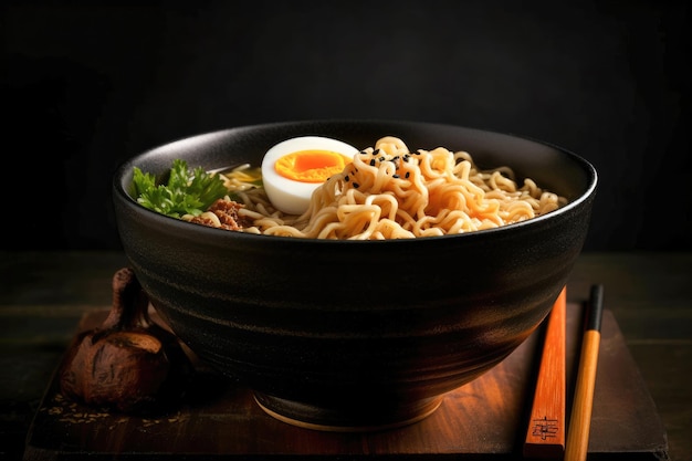 Sopa de fideos ramen japonesa en tazón negro