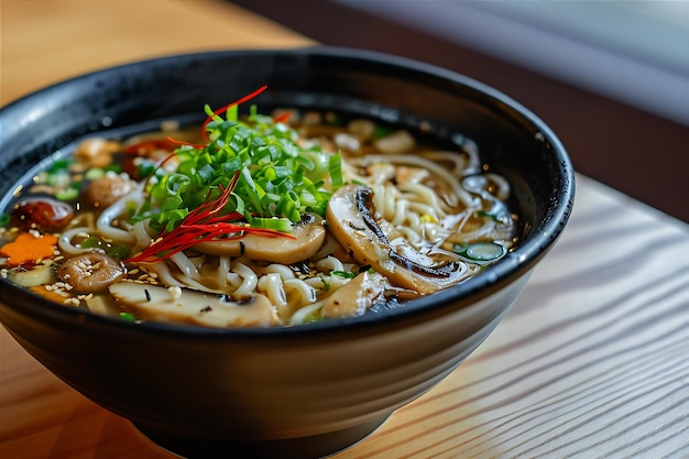 Sopa de fideos con setas en un cuenco negro