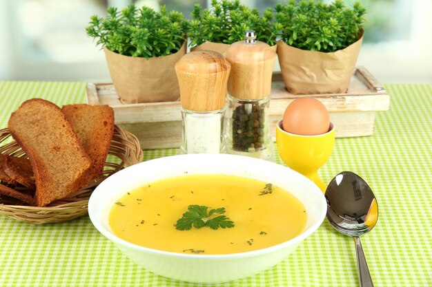 Sopa fragante en plato blanco sobre mantel verde sobre fondo de ventana